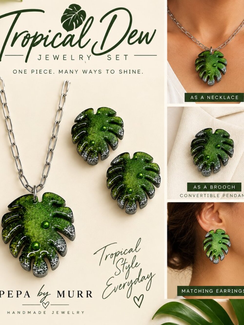 Tropical Dew 3-Pc Green Monstera Jewelry Set – Necklace, Earrings & Bracelet